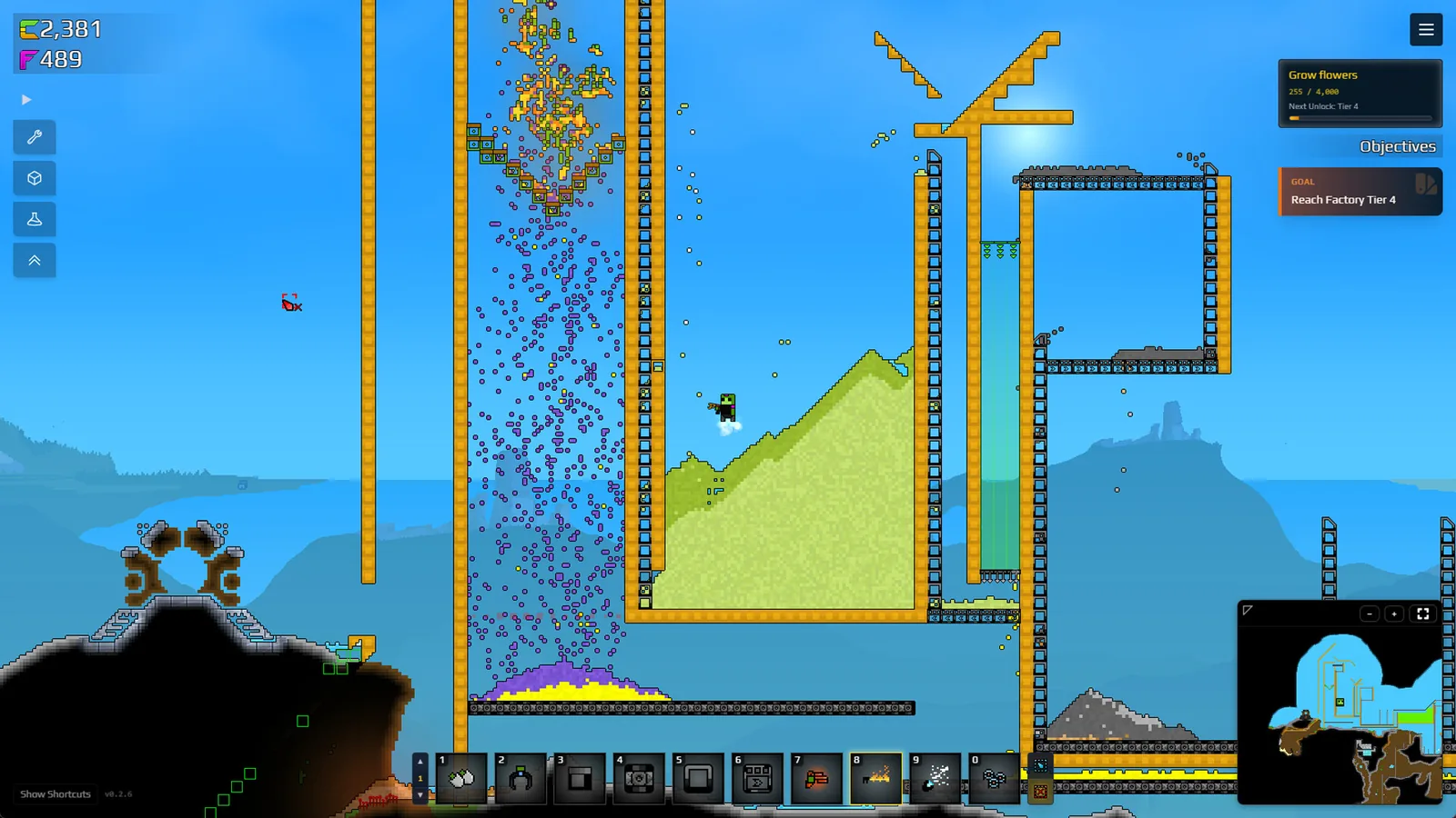 Official Steam screenshot showing a compact Sandustry early factory area with machines, terrain and material flow