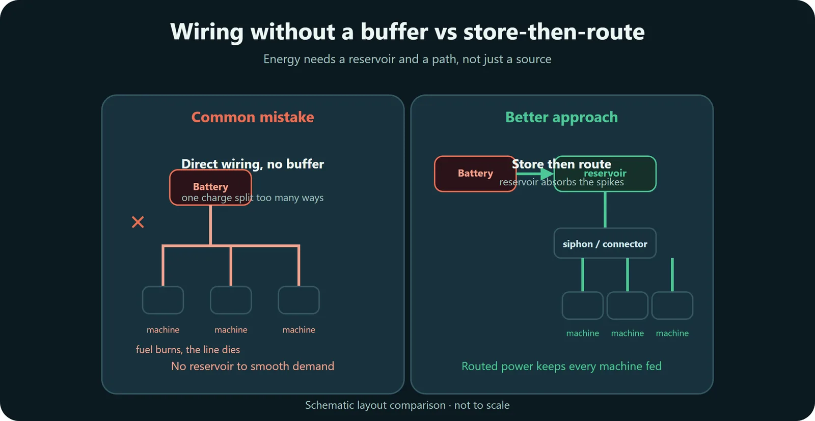 Diagram comparing direct wiring with no buffer and a store-then-route setup with a reservoir and routing