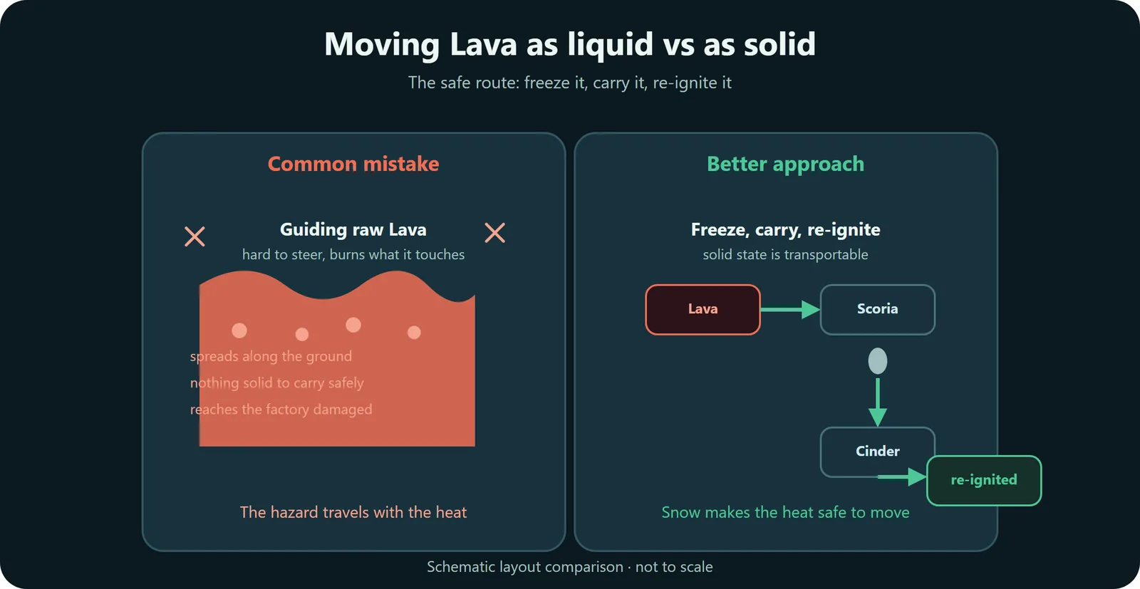 Diagram comparing guiding raw Lava with the freeze-carry-reignite route that makes the heat safe to move