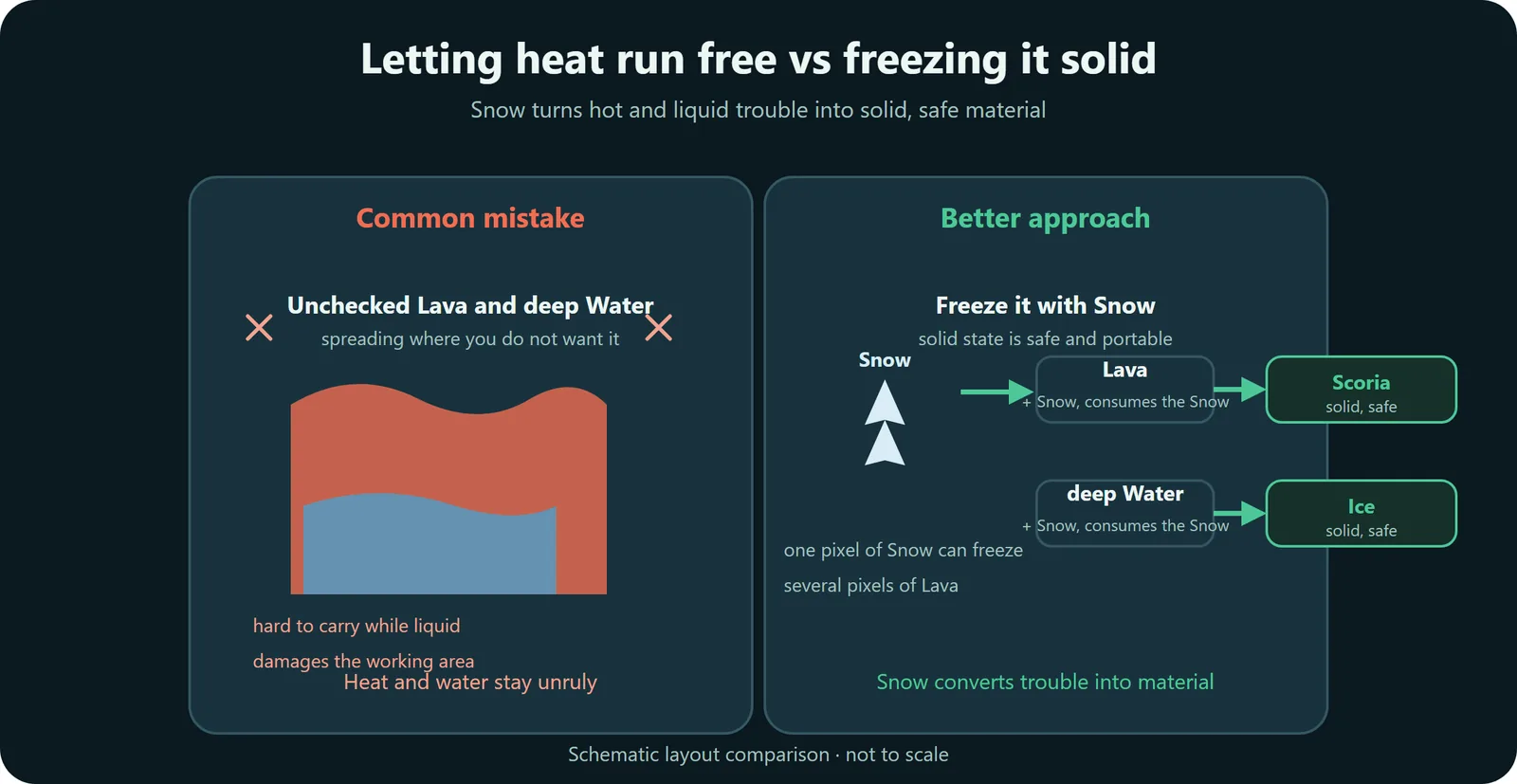 Diagram comparing unchecked Lava and deep Water with Snow freezing them into Scoria and Ice