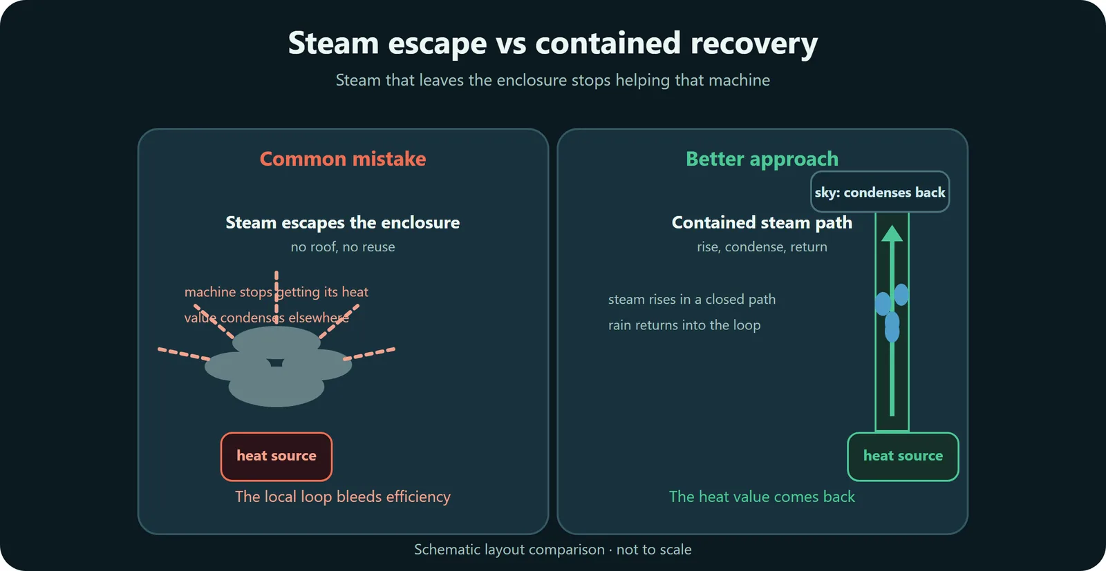 Diagram comparing Steam escaping an open enclosure with a contained path where Steam condenses back to rain
