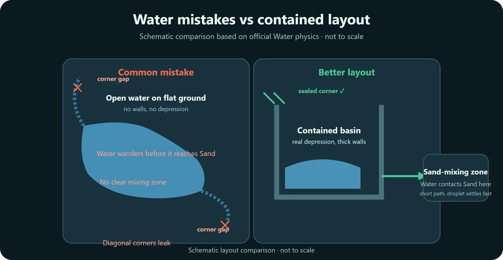 Sandustry beginner Water comparison showing an uncontrolled flat route beside a contained basin that feeds Wet Sand production